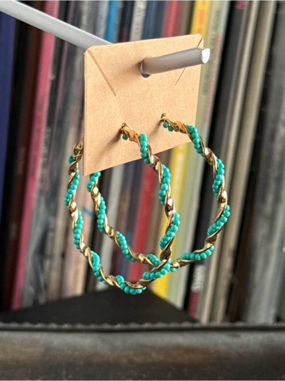 Rock & Vibe Gold Tone Hoop Earrings Twisted Turquoise Beads